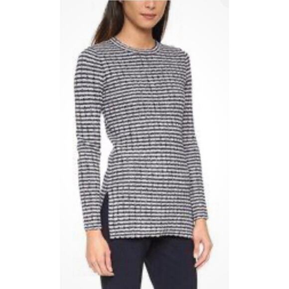 Theory Belira Evian Stretch Tunic Sweater Wool Blend Navy Ivory Stripe Large - Picture 2 of 7